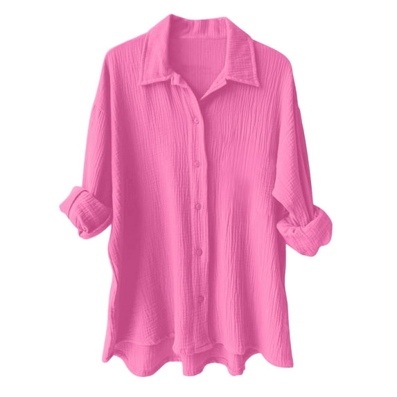 Gibobby Women Long Sleeve Beach Shirt Blouses Bathing Suit Cover Up Button Up Collar(Pink,L)