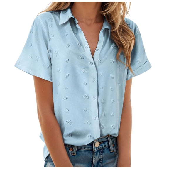 Gibobby Women's Button Up Shirt Short Sleeve Collared Tops Work Office Chiffon Blouse(Light Blue,L)