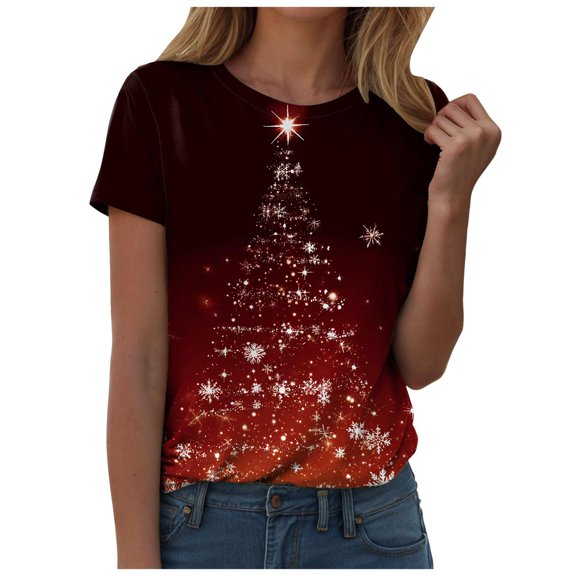 Gibobby Women's Christmas 3/4 Sleeve T-Shirts Trendy Printed Round Neck Tops Casual Plus Size Holiday Blouse Tee(S,Red)
