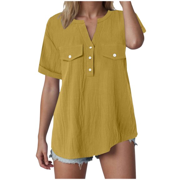 Gibobby Women's Dressy Casual Tops Business Work Blouses White Button Up Shirts Cap Sleeve V Neck Tshirt(Yellow,S)