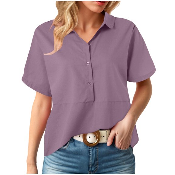 Gibobby Women's Hawaiian Button Up Shirts Casual Short Sleeve Floral Tropical Print Summer Blouse Tunic Top(Light Purple,M)