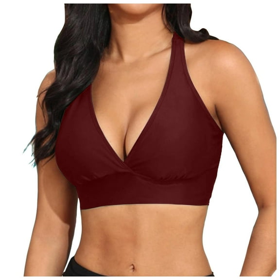 Gibobby Women's Wrap Front Bikini Top - Adjustable Wide Straps and Full Coverage Swimwear(Wine,XXL)