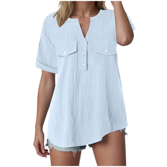 Gibobby Womens Button Up Blouse Rolled Cuffed Short Sleeve Shirts Casual Work Blouse Summer Hawaiian Outfits(Light Blue,XL)