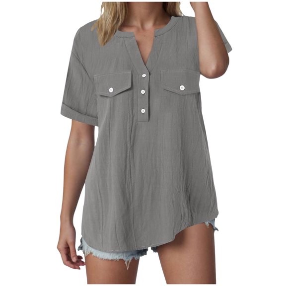 Gibobby Womens Short Sleeve Casual Button Up Shirts Summer Soft Fashion Cotton Blouses Tops with Pocket(Grey,S)