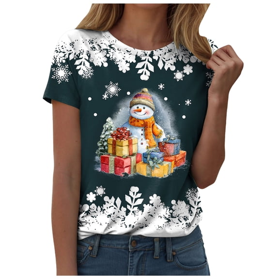 Gibobby Womens Short Sleeve Merry Christmas T-Shirts Christmas Tree Bright Graphic Tee Tops(L,Dark Green)