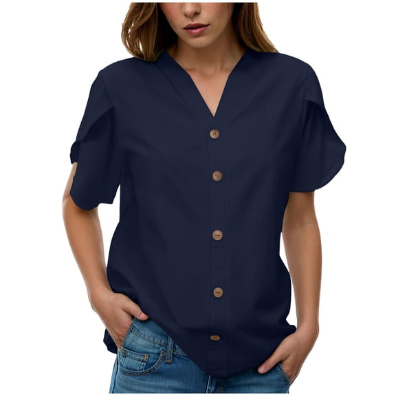 Gibobby Womens Short Sleeve Shirts V Neck Collared Button Up Shirt Tops with Pockets(Navy,L)