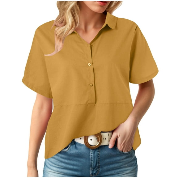 Gibobby Womens Short Sleeve Shirts V Neck Collared Button Up Shirt Tops with Pockets(Yellow,L)