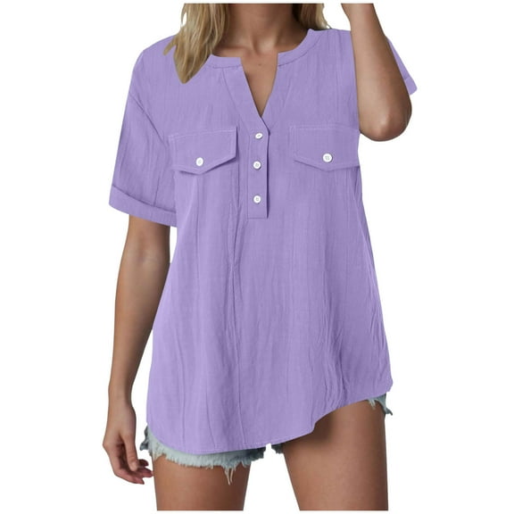 Gibobby Womens Short Sleeve Striped Shirts Casual Button Up V Neck Work Blouses Tops(Light Purple,XXL)