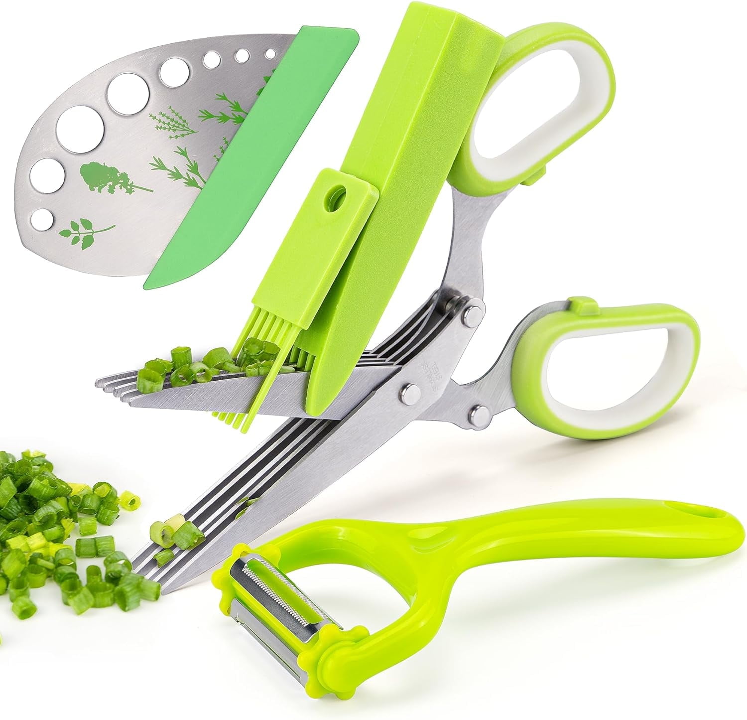 Gibot Herb Scissors with Leaf Stripper, Stainless Steel 5-Blade Shears for Chopping Chives, Vegetables, Salad