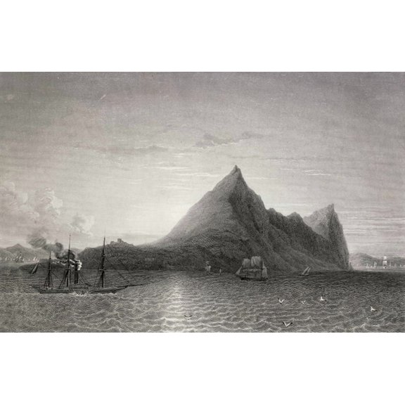 Gibraltar With Steam Ship And Sailing Ship 19Th Century Artist Bouquet Engraver Lamperiere Canvas Art - Ken Welsh Design Pics (18 x 11)