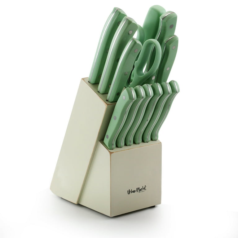Ginsu Essential Series 14 Piece Green Cutlery Set (Natural Block
