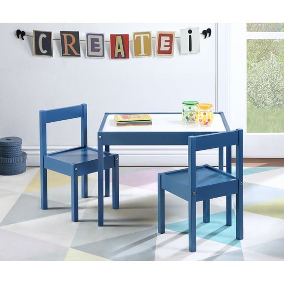 Gibson 3-Piece Solid Wood Dry Erase Table & 2 Chairs Set, Navy Blue, 25"W x 19"D x 18"H - Ideal for Creative Activities & Homework in Playrooms or Bedrooms