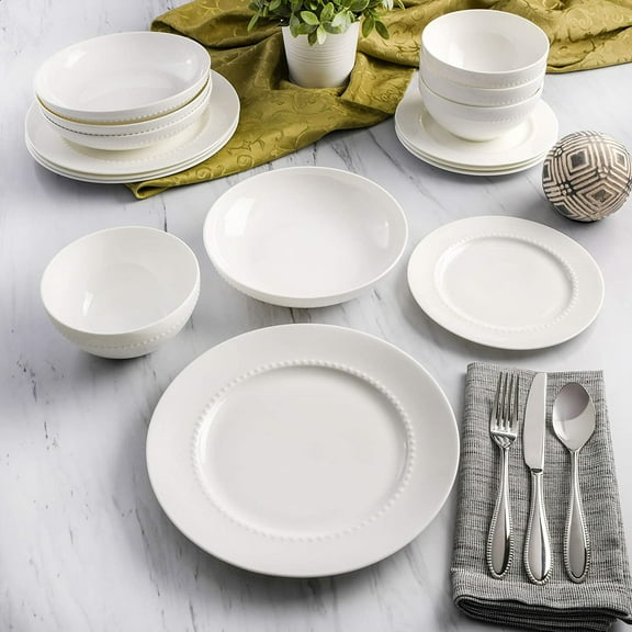 Gibson 9984516RM Elite Embossed Bone China Double Bowl Dinnerware Set, Service for 4 (16pcs), White