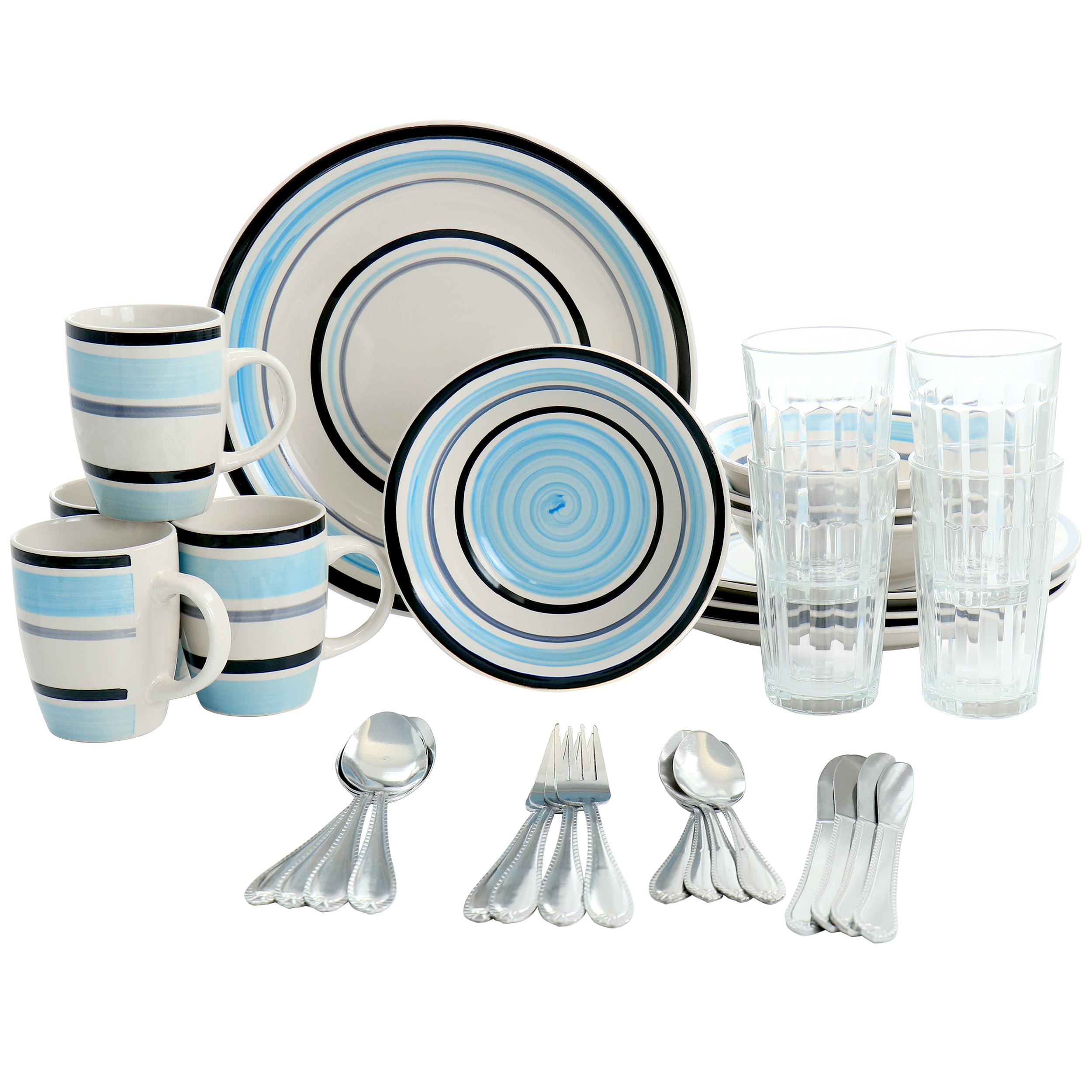 Gibson All U Need 32-Piece Ceramic Dinnerware Combo Set, Blue Stripes ...