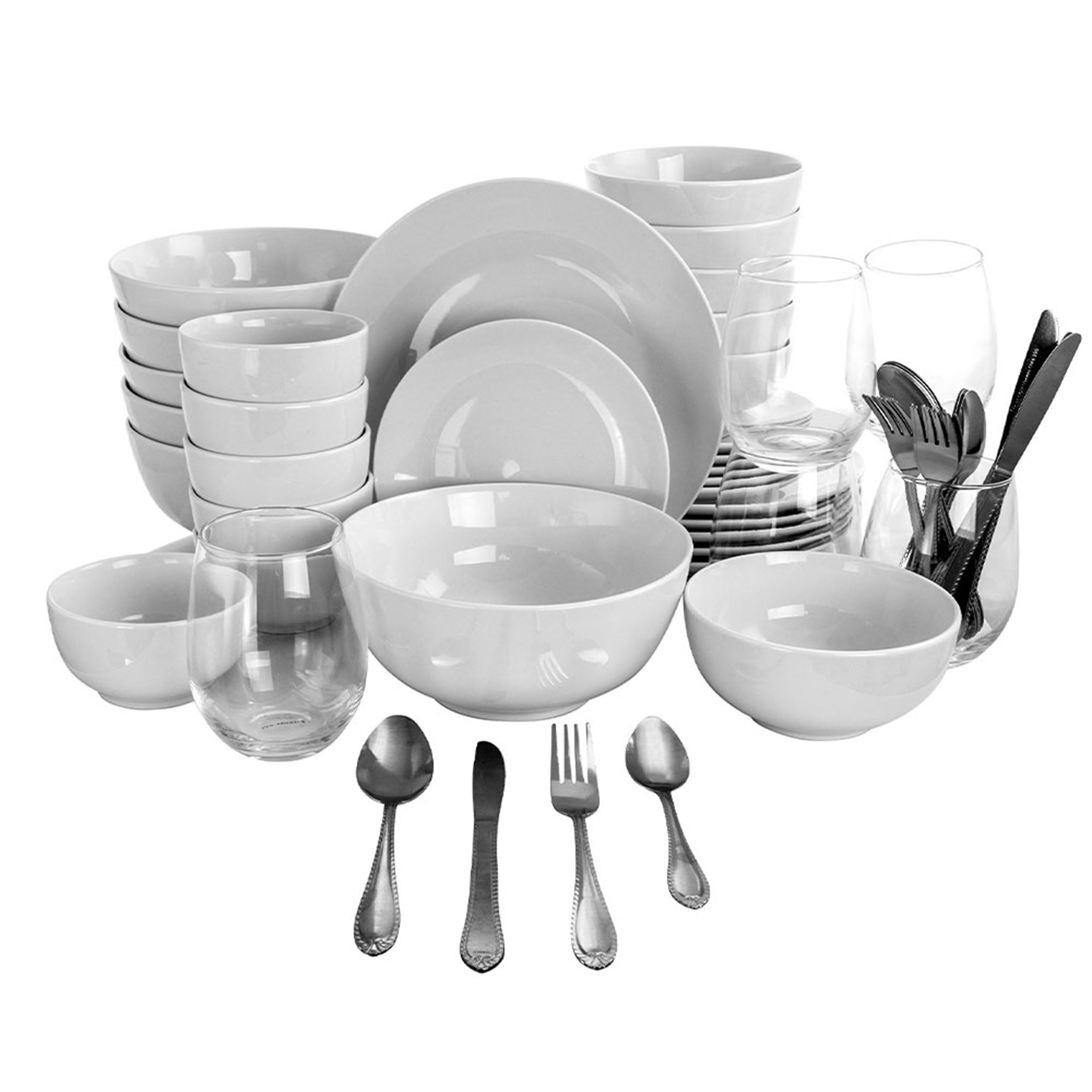 All U Need 60-Piece White Ceramic Dinnerware Set with Silver Flatware