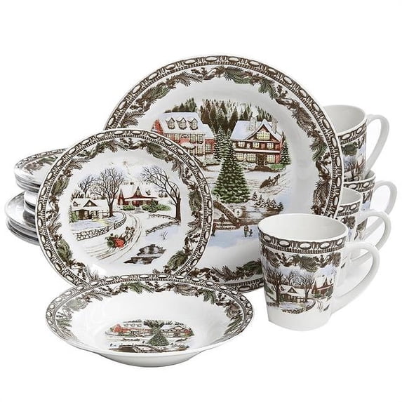 Gibson Christmas Toile 16 Piece Ceramic Dinnerware Set