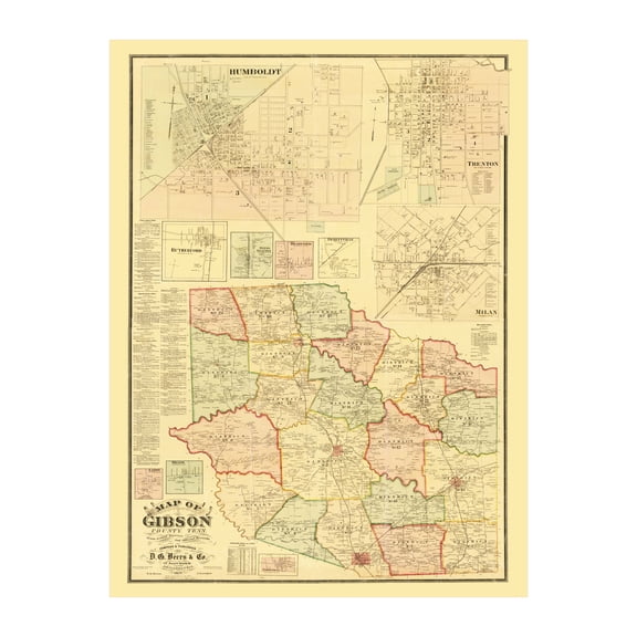 Gibson County Tennessee Art, 1877 Vintage Map of Gibson County TN History Wall Decor Gift, Old Gibson County TN Map - 24" x 36" Unframed Print