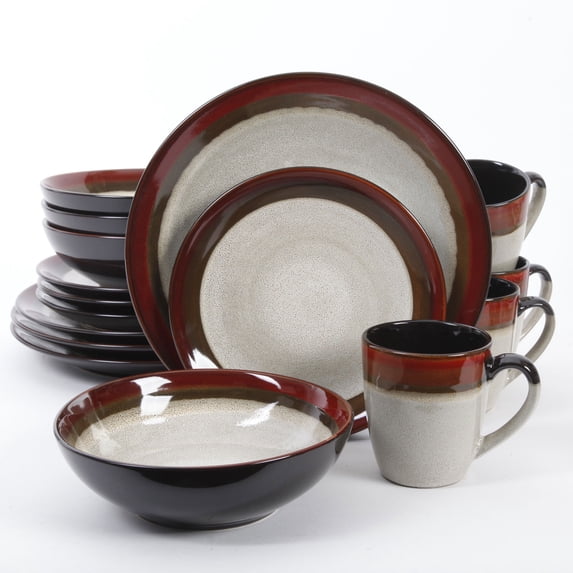 Gibson Couture 16 Piece Reactive Glazed Dinnerware Plates, Bowls, and Mugs, Red