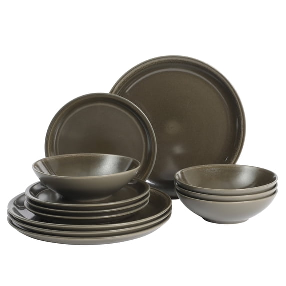 Gibson Elite 12 Piece Lakecrest Plates and Bowls Reactive Glaze Round Dishes Stoneware Ceramic Dinnerware Set - Dark Green