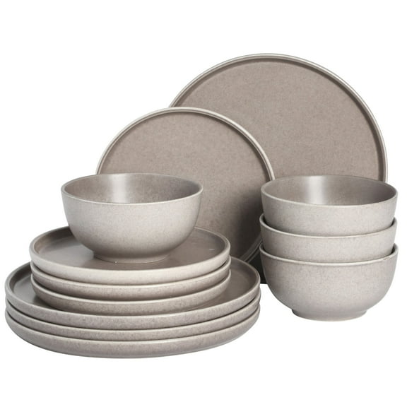 Gibson Elite 12 Piece (Service for 4) Eden Rock Reactive Glaze Round Dishes Stoneware Dinnerware Set - Matte Brown
