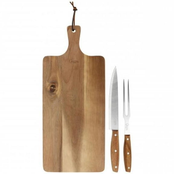 Gibson Elite 143828.03 Acacia Wood Serving Board with Carving Knife & Fork, Brown - 3 Piece