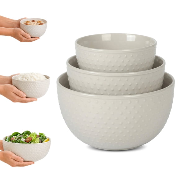Gibson Elite 3-Piece Stoneware Mixing Bowl Set, 6.6", 7.9", 9.6" - Modern Stoneware Dishware, Dishwasher Safe & Microwave Safe - Space-Saving & Stackable Bowl Set for Cooking, Baking, Serving (Grey)