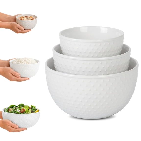 Gibson Elite 3-Piece Stoneware Mixing Bowl Set, 6.8", 8", 9.8" - Modern Stoneware Dishware, Dishwasher Safe & Microwave Safe - Space-Saving & Stackable Bowl Set for Cooking, Baking, Serving (White)