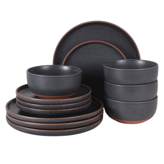 Gibson Elite Abbey Circle 12 Piece (Service for 4) Plates and Bowls Reactive Matte Glaze Dishes Stoneware Ceramic Dinnerware Set - Navy Blue