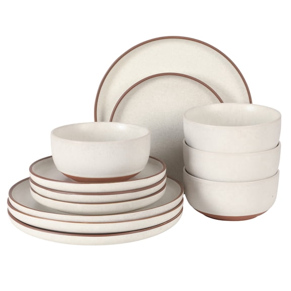 Gibson Elite Abbey Circle 12 Piece (Service for 4) Plates and Bowls Reactive Matte Glaze Dishes Stoneware Ceramic Dinnerware Set - White