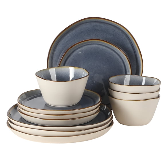Gibson Elite Algeria River Plates and Bowls Sets, 12-Piece Stoneware Dinnerware Sets, Reactive Glaze Dish Set - Blue