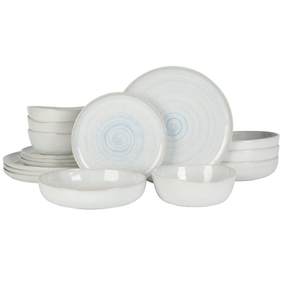 Gibson Elite Auckland Blue Swirl Stoneware Reactive Glaze 16 Piece (Service for 4) Plates and Bowls Dinnerware Set