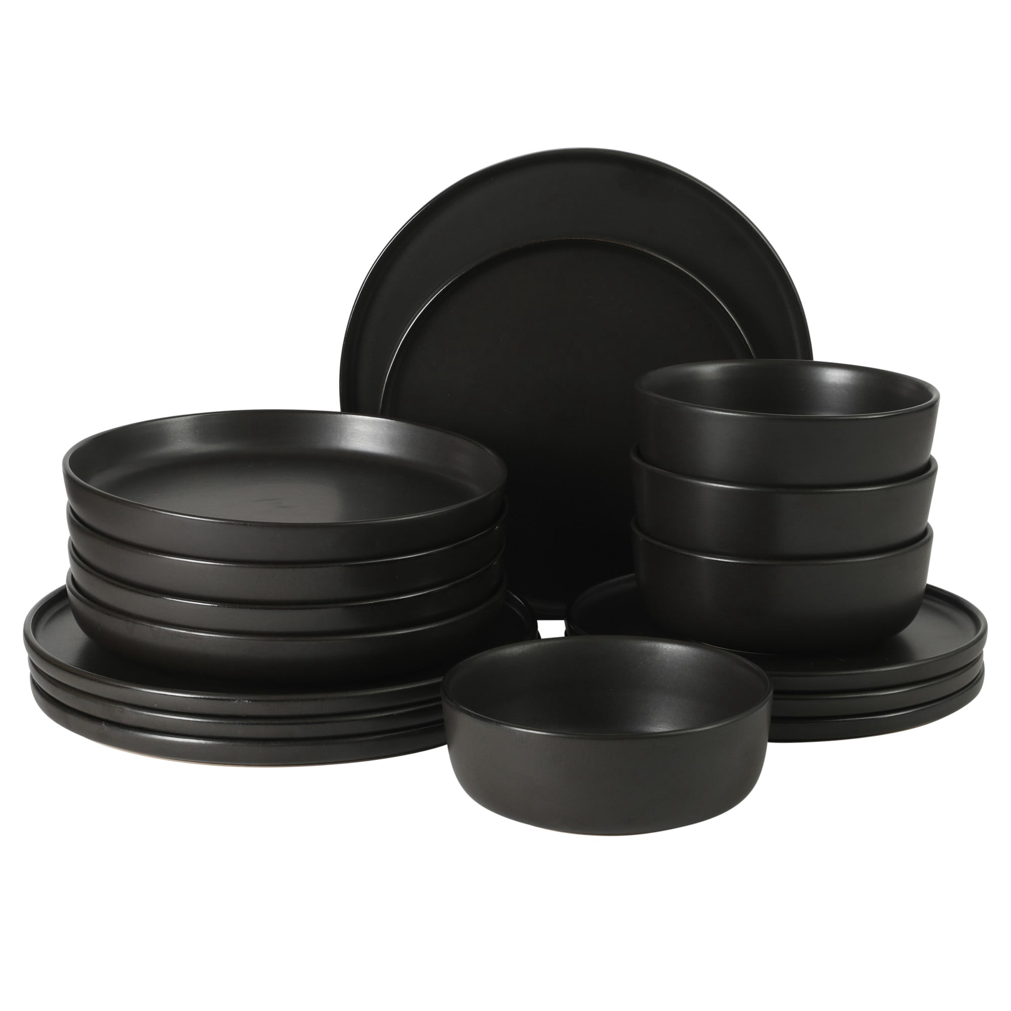Gibson Elite Bayou Moon Plates and Bowls Sets, 16-Piece Black Matte Stoneware Dinnerware Sets, Solid Color Reactive Glaze Dish Set