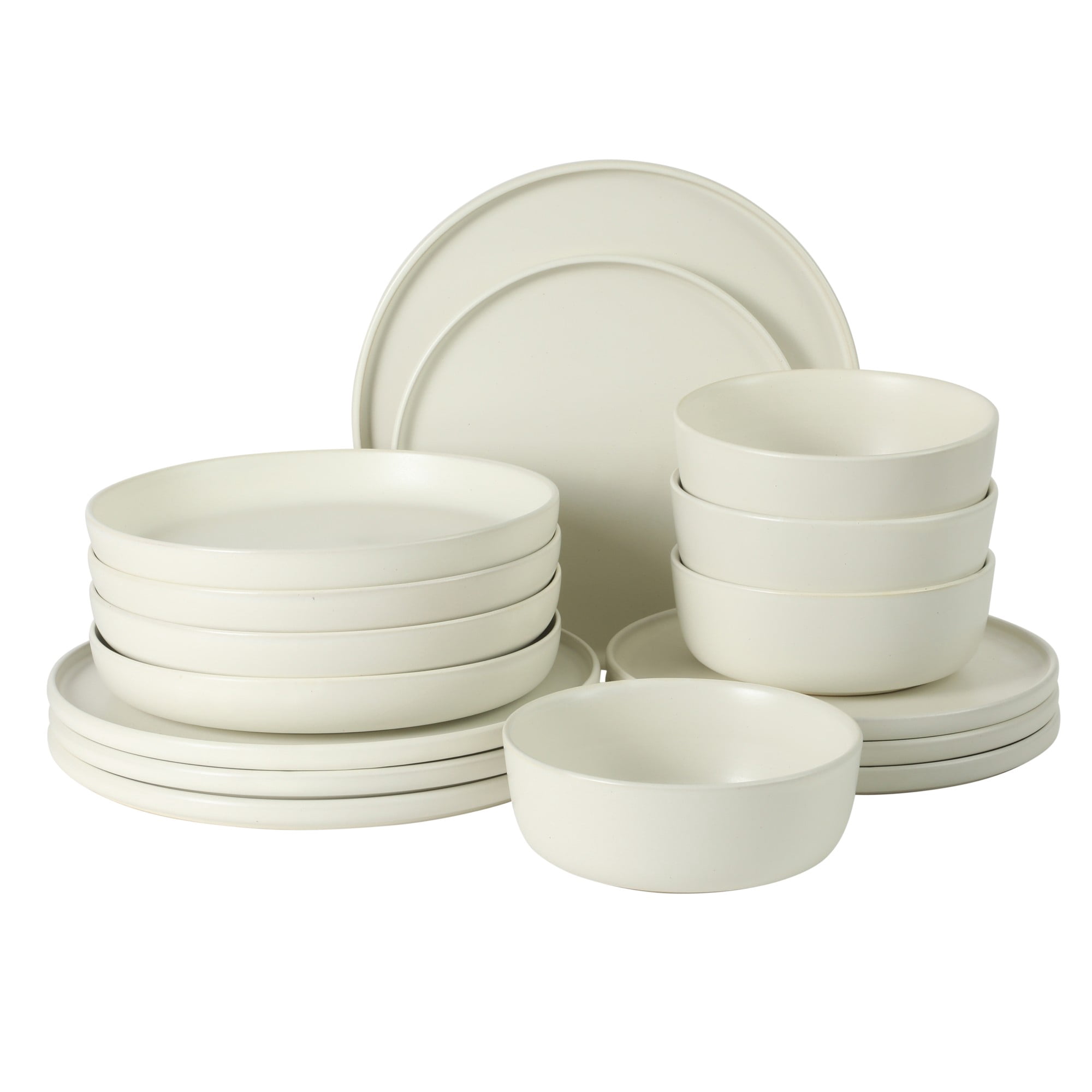 Gibson Elite Bayou Moon Plates and Bowls Sets, 16-Piece WhiteMatte Stoneware Dinnerware Sets, Solid Color Reactive Glaze Dish Set