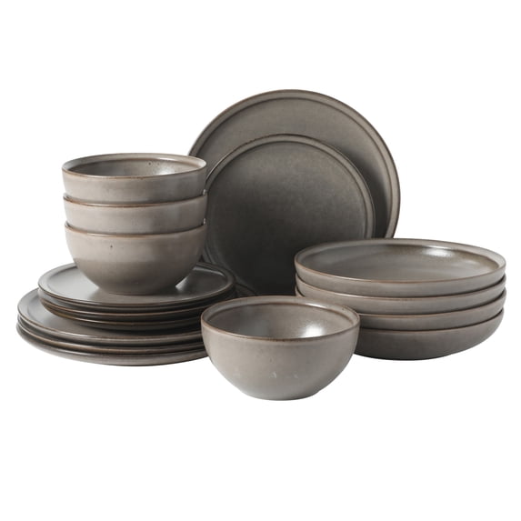 Gibson Elite Beckett Stoneware Reactive Glaze 16 Piece (Service for 4) Plates and Bowls Dinnerware Set - Grey