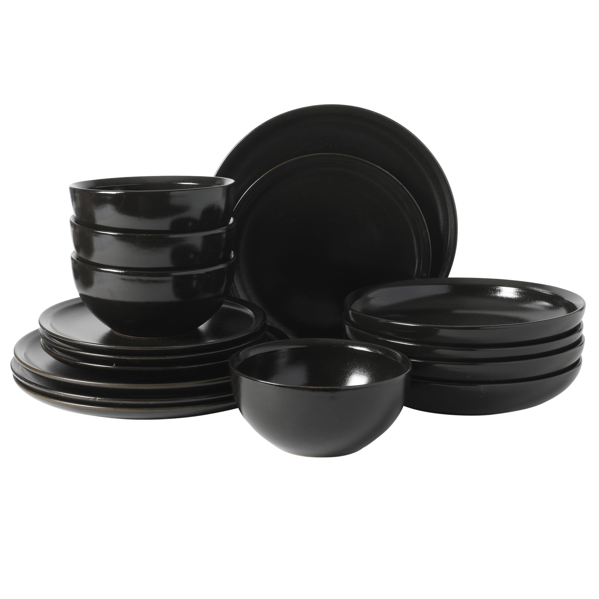 Gibson Elite Beckett Stoneware Reactive Glaze 16 Piece (Service for 4) Plates and Bowls Dinnerware Set - Black