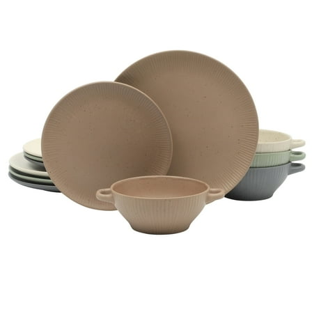 Gibson Elite Clover Hill 12-Piece Stoneware Dinnerware Set - Embossed Reactive Glaze - Service for 4 - Assorted Colors