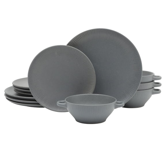 Gibson Elite Clover Hill 12-Piece Stoneware Dinnerware Set - Embossed Reactive Glaze - Service for 4 - Dark Blue
