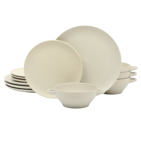 Gibson Elite Clover Hill 12-Piece Stoneware Dinnerware Set - Embossed Reactive Glaze - Service for 4 - White Cream