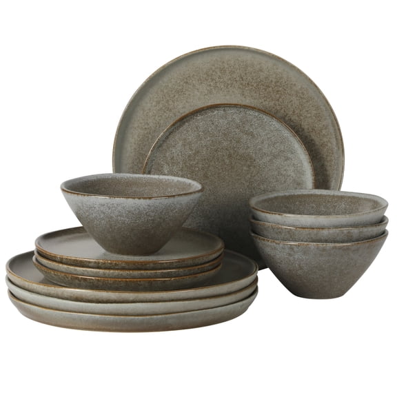 Gibson Elite Coastal Forest Plates and Bowls Sets, 12-Piece Stoneware Dinnerware Sets, Triple Reactive Glaze Dish Set - Slate Grey