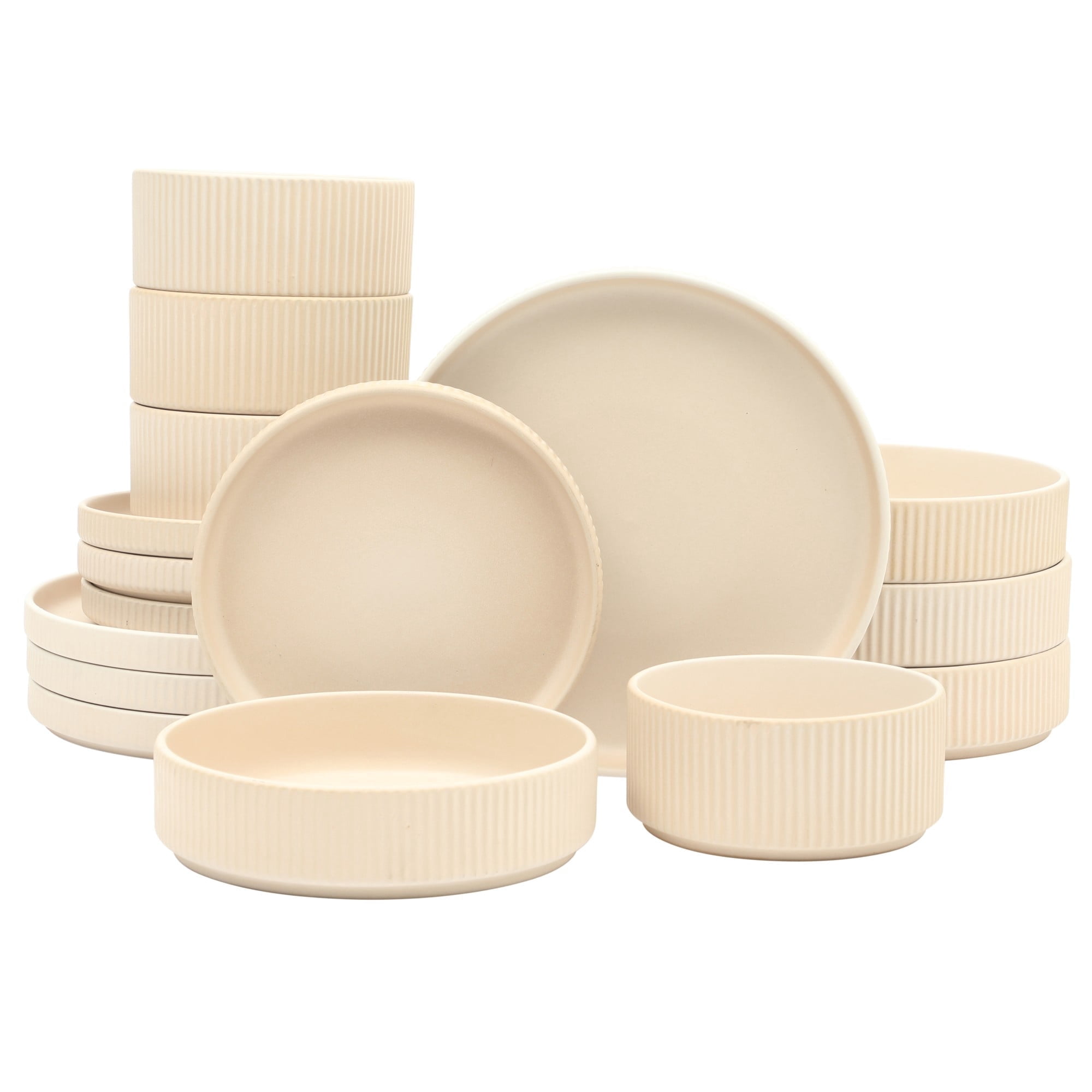 Gibson Elite Deerfield 16-Piece Stoneware Dinnerware Set – Stackable Plates and Bowls, Reactive Glaze Finish, Service for 4 - Cream White