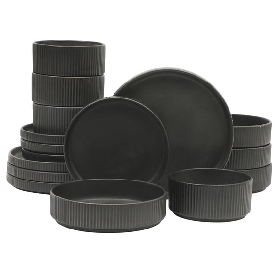 Gibson Elite Deerfield 16-Piece Stoneware Dinnerware Set – Stackable Plates and Bowls, Reactive Glaze Finish, Service for 4 - Matte Black