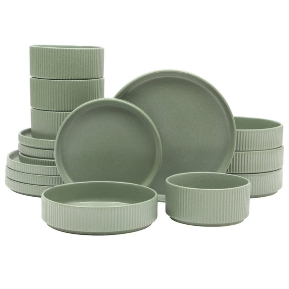 Gibson Elite Deerfield 16-Piece Stoneware Dinnerware Set – Stackable Plates and Bowls, Reactive Glaze Finish, Service for 4 - Matte Green