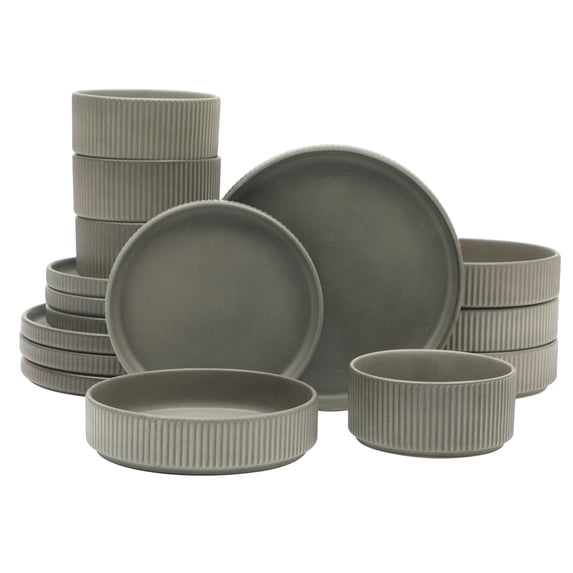 Gibson Elite Deerfield 16-Piece Stoneware Dinnerware Set – Stackable Plates and Bowls, Reactive Glaze Finish, Service for 4 - Soft Gray