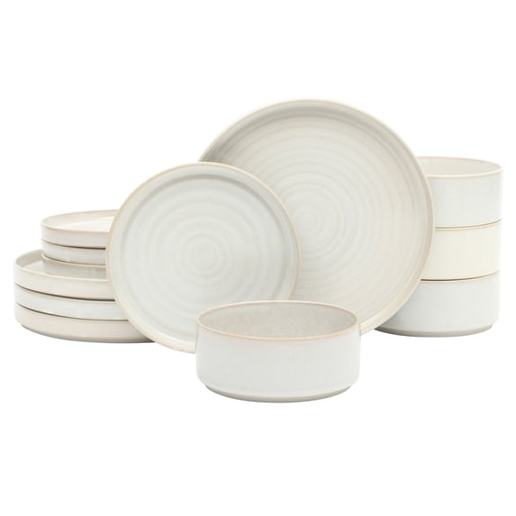 Gibson Elite Echo Bay 12 Piece Porcelain Reactive Glaze (Service for 4) Ceramic Plates and Bowls Modern Stackable Dinnerware Set - White