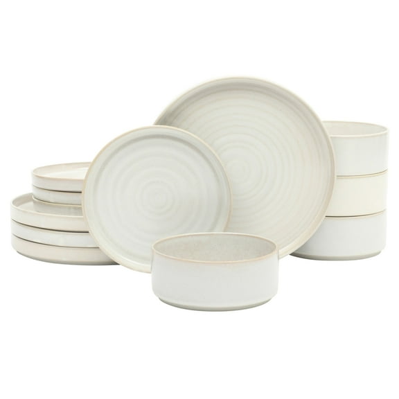 Gibson Elite Echo Bay 12 Piece Porcelain Reactive Glaze (Service for 4) Ceramic Plates and Bowls Modern Stackable Dinnerware Set - White