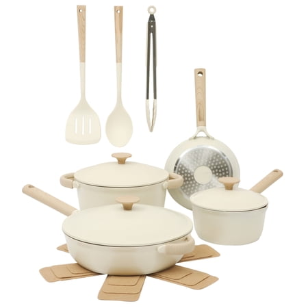 Gibson Elite Folkstone 13 Piece Pots and Pan Cast Aluminum Non stick Ceramic Coating Cookware Set W/Tongs, Tools, & Protective Felts - Linen White