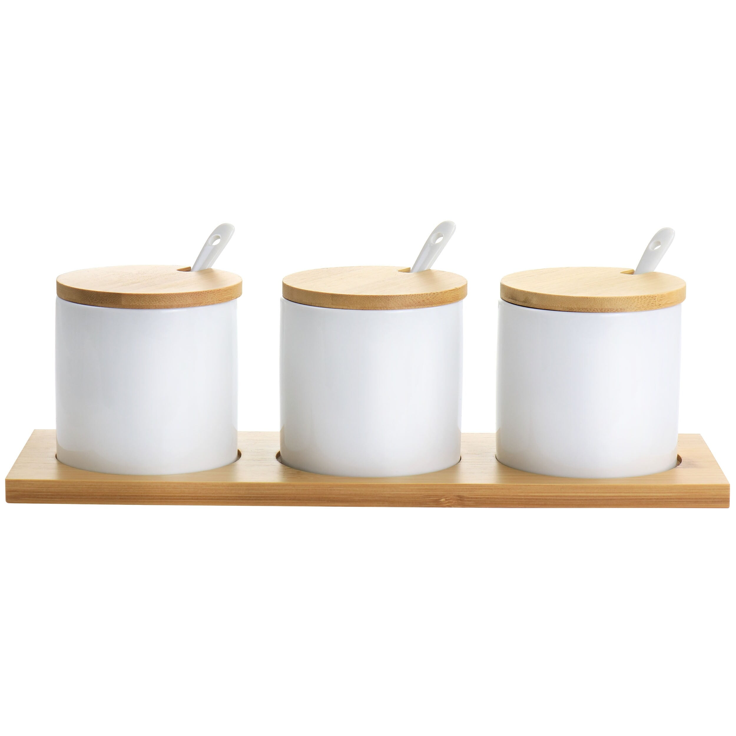 White Ceramic Condiment Jars with Bamboo Lids and Base, 10-Piece Set