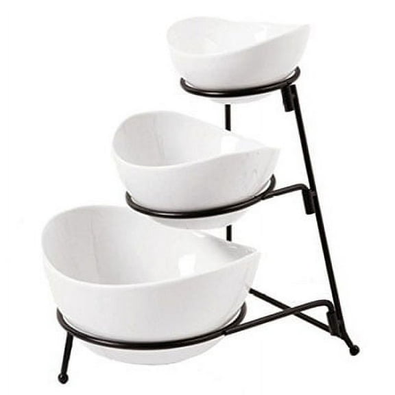 Gibson Elite Gracious Dining Dinnerware, 3-Tier Oval Bowl Set with Metal Rack, White