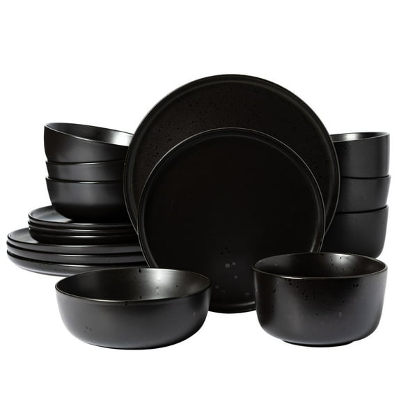 Gibson Elite James Street 16 Piece Stoneware Matte Reactive Double Bowl Dinnerware Set - Pepper Black