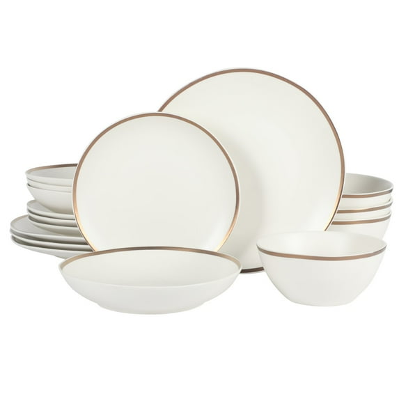 Gibson Elite Kings Road Double Plates and Bowl Organic Round Porcelain Dinnerware Set - Matte White w/ Gold Rim